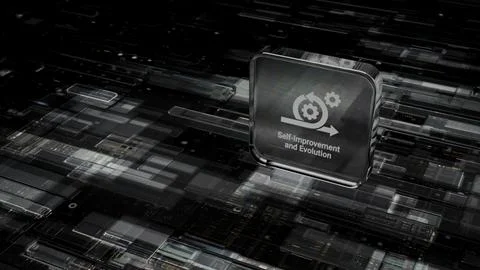 Futuristic Metallic Cube with Self Improvement Evolution Text and Cycle Ico.. Stockfoto's
