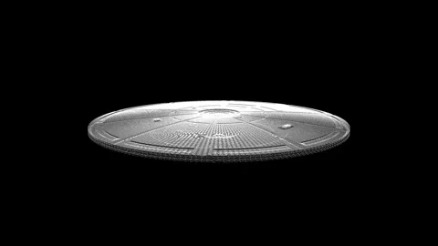 Futuristic Metallic Disc Hovering Against a Black Background 動画素材 341778720