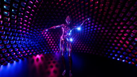 Futuristic metallic female robot dancing in a vibrant blue and purple neon Vidéo 331655462