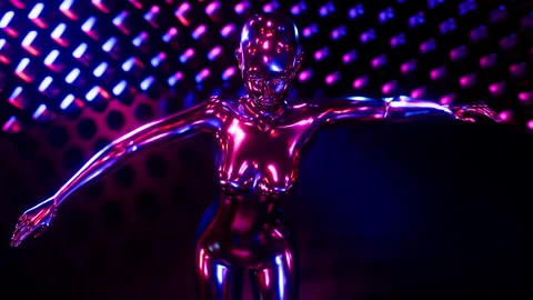 Futuristic metallic female robot dancing in a vibrant blue and purple neon Stock Footage 333669782