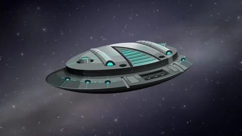Futuristic Metallic Flying Saucer Floating Through Deep Space Starfield Stock Footage 345308052