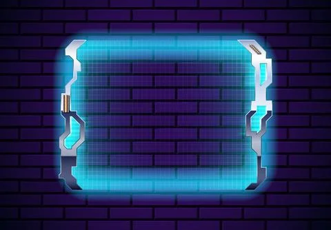 Futuristic metallic frame on the wall with neon glow and transparent scree with Stock Illustration