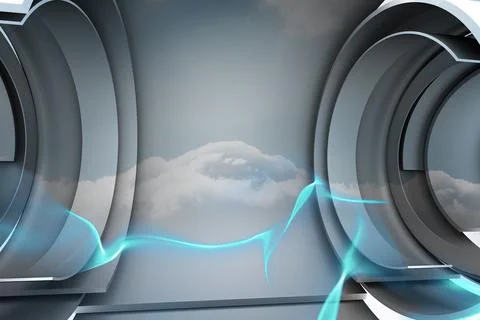 Futuristic metallic portal frames are showing clouds with blue energy ribbons in Stock Illustration