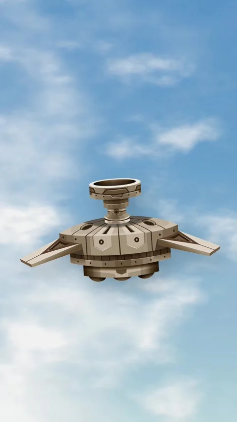 Futuristic Metallic Space Object Floating in Blue Sky with Clouds Stock Footage 345314527