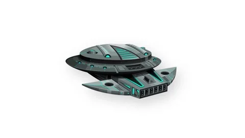Futuristic Metallic Spaceship Floating Against a Clean White Background Stock Footage 345317237