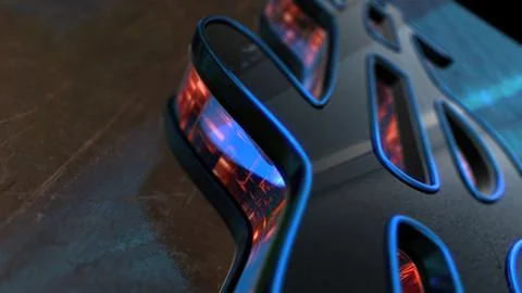Futuristic metallic structure with glowing blue and red lights is laying on.. Stock Illustration