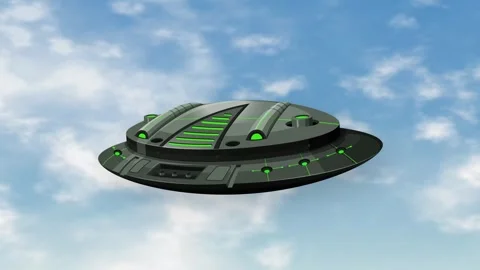 Futuristic Metallic UFO Spacecraft Hovering Against a Blue Cloudy Sky Stock Footage 344846050