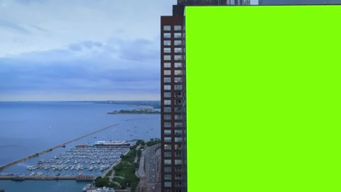 Futuristic metropolis with data visualization and chroma key billboard over Stock Footage 345491111