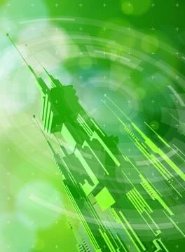 Futuristic metropolis, radial HUD elements &amp; green bokeh Stock Illustration