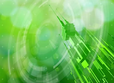 Futuristic metropolis, radial HUD elements &amp; green bokeh Illustrazione stock