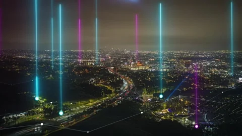 Futuristic metropolis visualizing big data with digital overlays, neon light Stock Footage 345491548