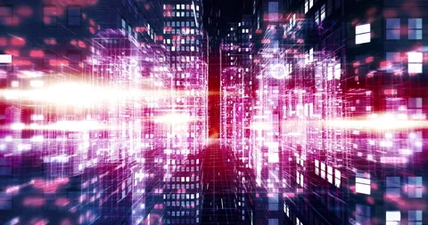Futuristic metropolis wireframe animation transitioning to server room. Stock Footage 324752061