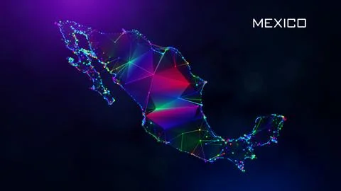 Futuristic Mexico Map Polygonal Connected Lines And Dots Network Wireframe  イラスト素材