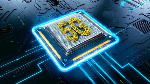 Futuristic microchip with 5G text on a high-tech motherboard. Stock Illustration