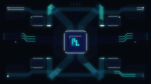 Futuristic microchip animation with glowing circuit tracks and blue data streams Stock Footage 347246994