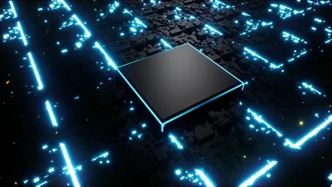 Futuristic Microchip CPU on a Cyber Circuit Board with Glowing Blue Data Trails Stock Footage 334536583