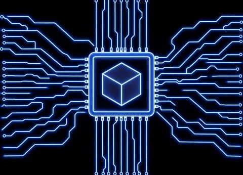 Futuristic microchip with glowing blue circuit board traces and central cub.. Stock Illustration