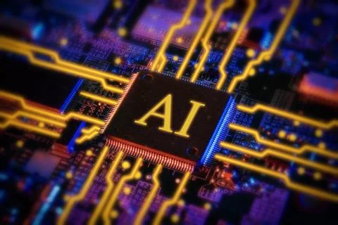 A futuristic microchip labeled AI sits on a circuit board 写真素材