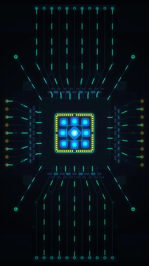 Futuristic microchip loop with glowing blue and green circuit pathways Stock Footage 347246961