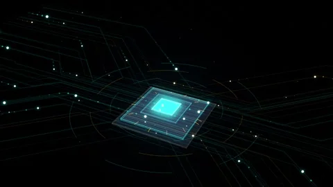 Futuristic microchip processor with digital data flow glowing on black back.. Stock Footage 344685073