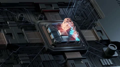 Futuristic microchip processor with lights on the black background. Stock Footage 228536424