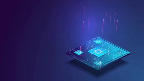 Futuristic microchip processor with lights on the blue background. Quantum Stock Footage 127827210