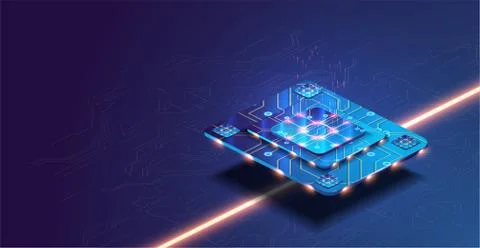 Futuristic microchip processor with lights on the blue background. Quantum Stock Illustration