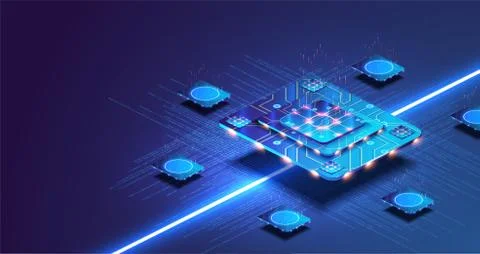Futuristic microchip processor with lights on the blue background. Quantum Stock Illustration