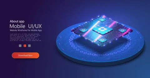 Futuristic microchip processor with lights on the blue background. Quantum co Illustrazione stock