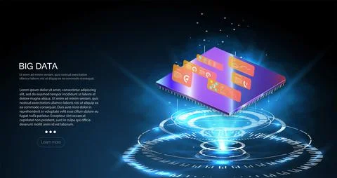 Futuristic microchip processor with lights on the blue background. Stock Illustration