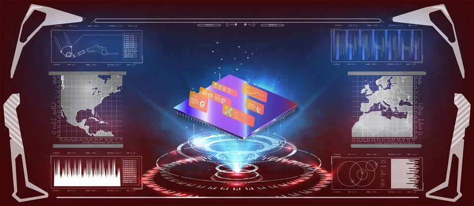 Futuristic microchip processor with lights on the blue background. Stock Illustration