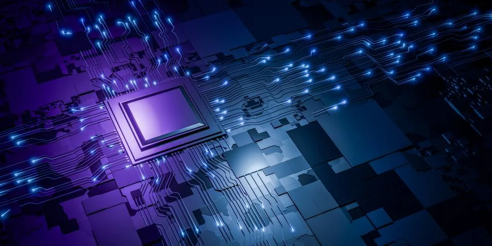 Futuristic microchip technology concept with glowing lines, high tech elect.. Stock Photos