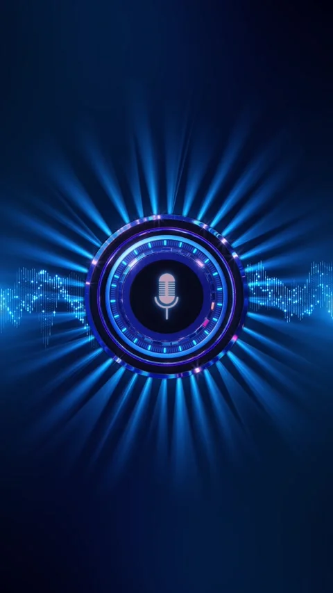 Futuristic Microphone Icon with Blue Audio Waveform Stock Footage 342640256