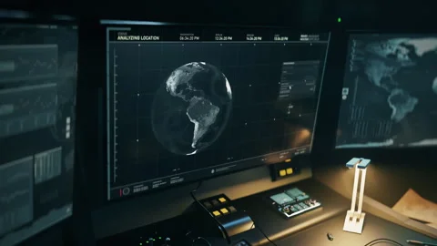 Futuristic military analysis tech detects the location of satellite signal Stock Footage 248834859