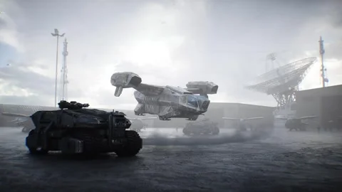 Futuristic military base with robots and aerial ship. 3d rendering. Stock Footage 313505864