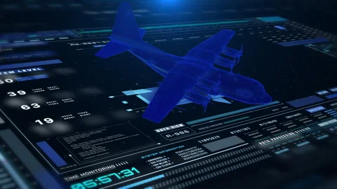 Futuristic Military Jet Wireframe on Data Analytics Dashboard Stockbeeldmateriaal 335581850