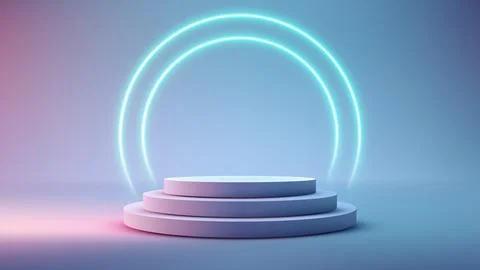 Futuristic Minimal Pedestal Display with Neon Circle Light on Soft Gradient.. Stock Illustration