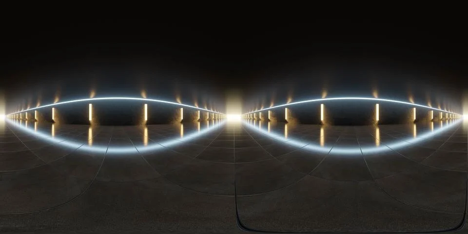 Futuristic Minimalistic Interior with Glowing Lights 360 vr 3d render panorama Ilustración de archivo
