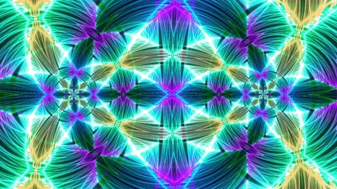 Futuristic Mirror Bright Neon Lights Flower Mandala Pulsating Electric Loop III Stock Footage 244773091