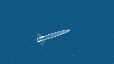 Futuristic Missile Design in Blue Transparent Wireframe on Grid Background Stock Footage 342291962