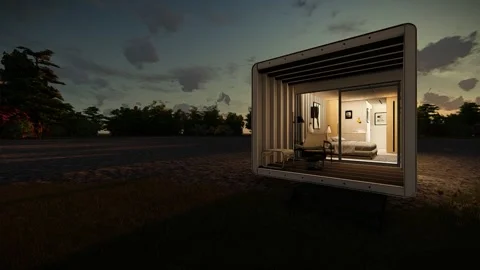 Futuristic mobile house in the night animation Stock Footage 182991777