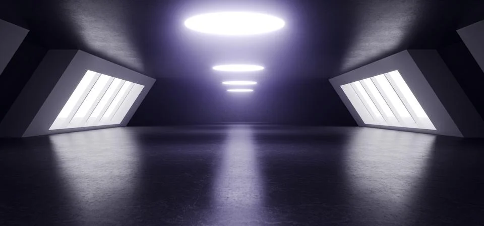 Futuristic Modern Big Dark Empty Hall With Reflections And Big Glowing Dark W イラスト素材