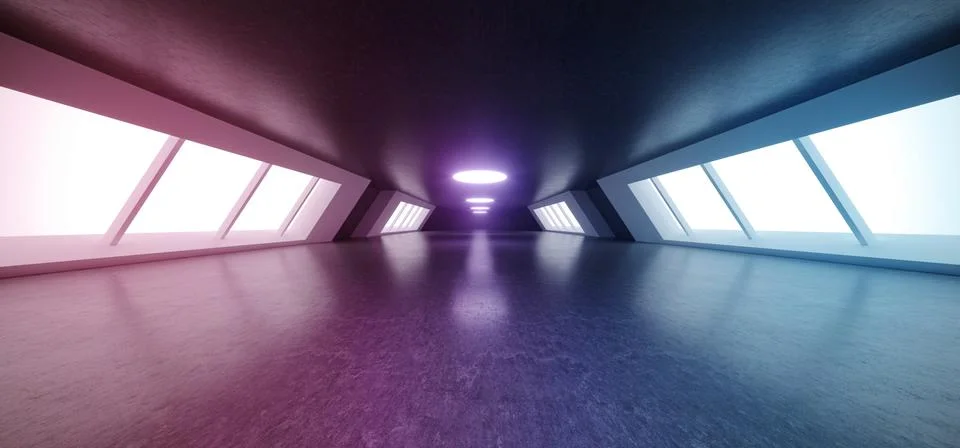 Futuristic Modern Big Dark Empty Hall With Reflections And Big Glowing Purple Illustrazione stock