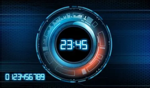 Futuristic modern clock face with a set of glowing digits. Techn Stock-Illustration