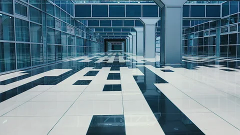 Futuristic modern office building interior in urban city, empty hall of office Stock Footage 131045612