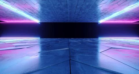 Futuristic Modern Sci-Fi Neon Tube Glowing Shapes On Rough Concrete Surface A Illustrazione stock