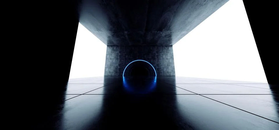 Futuristic Modern Sci Fi Neon Circle Blue Glow White Bright Dark Concrete Gru 스톡 일러스트