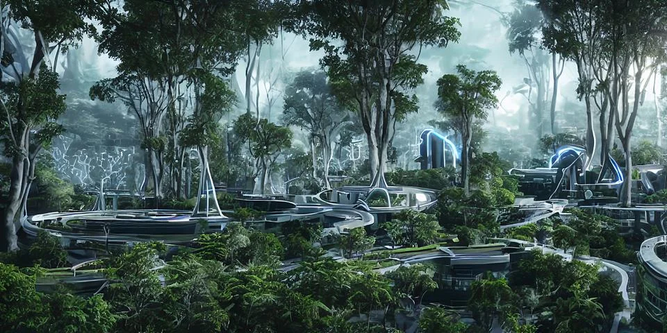 Futuristic modern tech city, digital, artificial intelligence Illustrazione stock