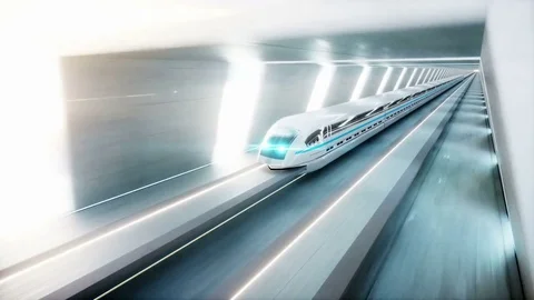Futuristic modern train, monorail fast driving in sci fi tunnel, coridor. Stock Footage 79979632