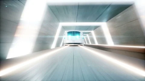 Futuristic modern train, monorail fast driving in sci fi tunnel, coridor. Stock Footage 79980527